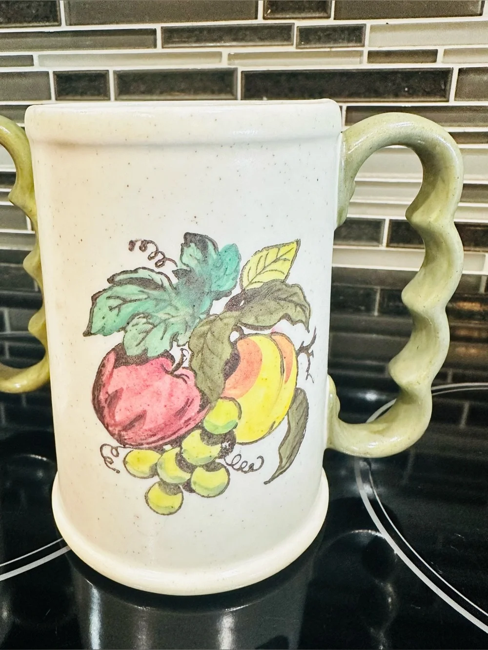 Vtg Merlot Poppytrail Provincial Fruit (Avocado) Stoneware Coffee Mugs (2)